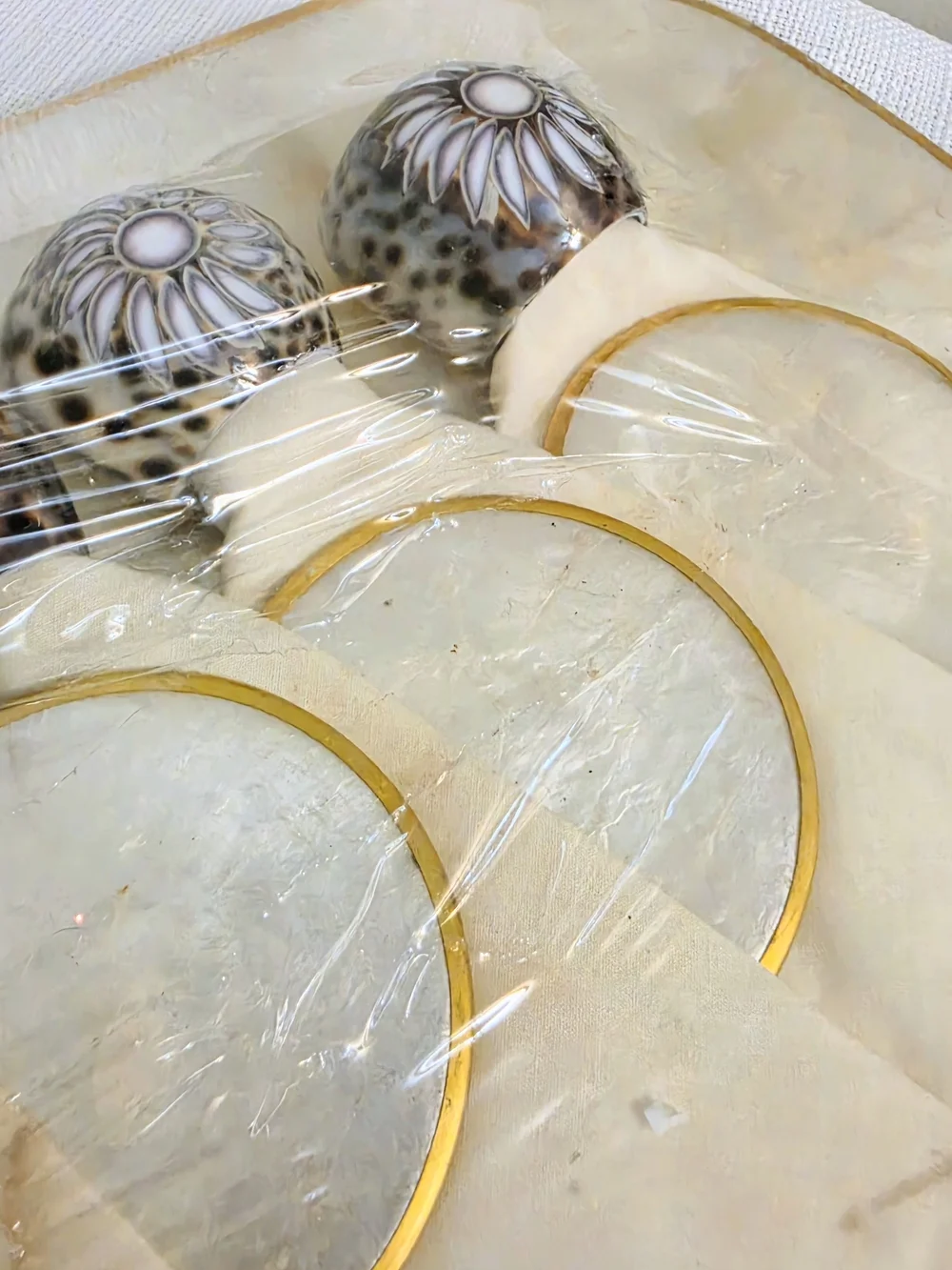 Vtg Capiz Shell Placemats Coasters Carved Shell Napkin Rings Oval  Beach READ